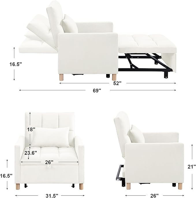 70'' Convertible Chair Bed Extra Long Teddy Fabric Single Pull Out Sofa Bed 4 in 1 Adult Sleeping Chair Recliner Chair with Pillow Adjustable Backrest Beige