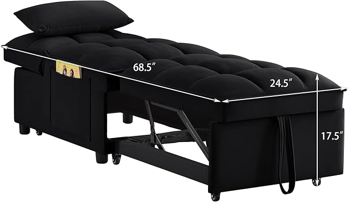 4 in1 Multi-Function Single Sofa Bed with Storage PocketsTufted Single Pull-Out Sofa Bed with Adjustable Backrest and PillowsConvertible Chaise Loungefor Small Room Apartment (Black)