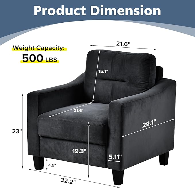 Velvet Upholstered Single Sofa ChairMordern Armchair with Wooden Legs for Living RoomBedroom and Office Black
