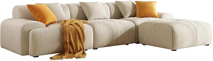 113 Modern L-Shaped Modular Sectional Sofa for Living Room Corduroy Upholstery Beige 3-Seater Cloud Couchand Movable Ottoman – No Assembly Beige
