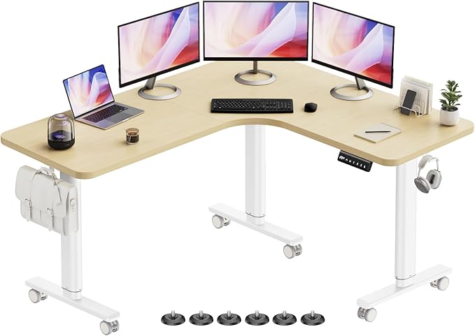 Flycity Electric L Shaped Standing Desk Adjustable Height 63 x 55 Corner Stand Up Table Home Office Desk Dual Motor Sit Stand Desk Computer Desk with 3 Memory Preset &amp Lock Maple