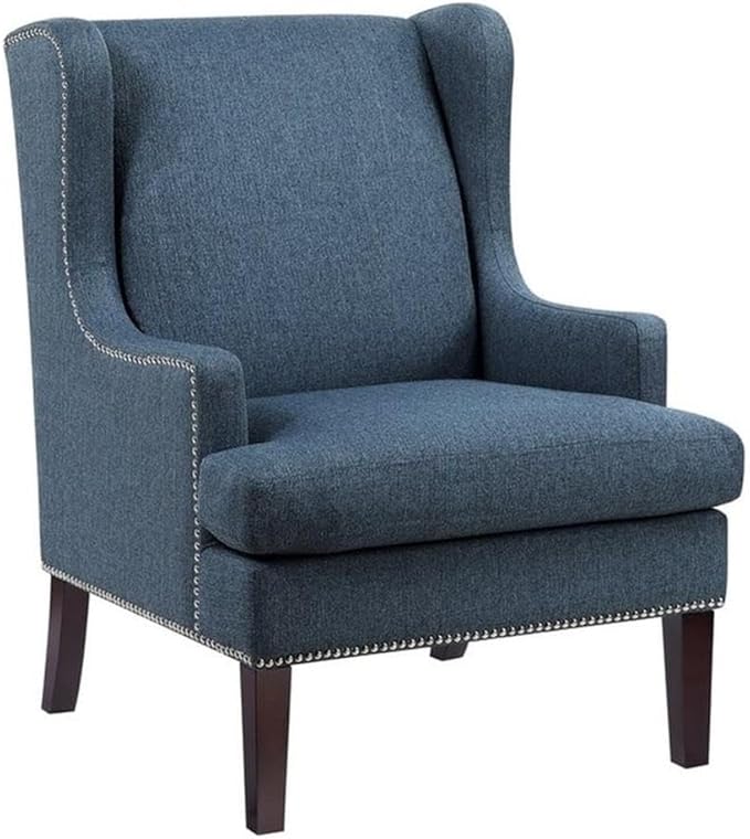 Pemberly Row Contemporary Wingback Accent Chair Blue Textured Fabric Upholstery Nailhead Trim High Backrest Cushioned Seat Sturdy Wooden Legs Stylish Living Room or Office Decor