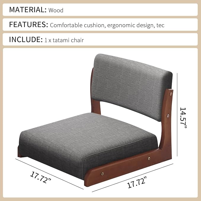 Floor Chair with Back Support Legless Wooden Tatami for Bay Window Living Room Bedroom Tea House Accent Japanese Style Seat with Thick Cushion