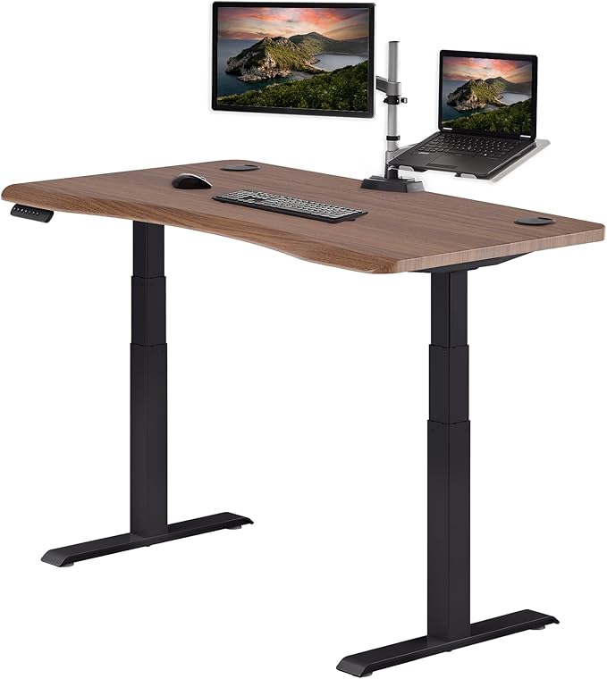 Vari Ergo 54x26 Electric Standing Desk + Height Adjustable Sit-Stand Desk + Curved Waterfall Edge 4 Memory Settings Quick Assembly Cable Management 200 lb Capacity – Walnut/Black (2 Boxes)