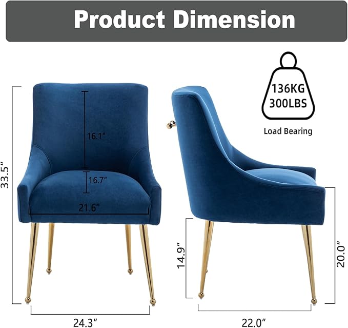 Dining Chairs Set of 6 Modern Velvet Dining Room Chairs with Gold Legs Upholstered Accent Chairs for Living Room/Restaurant/Study Room(Navy)