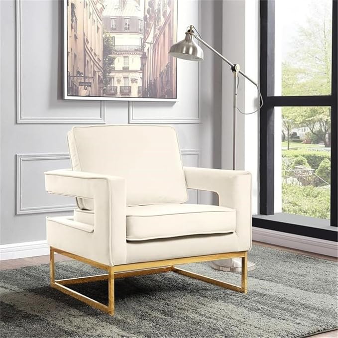 Pemberly Row Modern Velvet Accent Chair Cream Upholstery Gold Iron Base 33 W x 29 D x 35 H High-Density Foam Cushion Stylish Living Room Seating for Relaxing or Reading