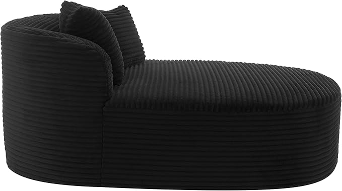 Modern Corduroy Fabric Chaise Lounge Chair Indoor Boneless Couch 51.6 Sofa Bed with Two Supportive Pillows for Living Room Office (Black/R1)
