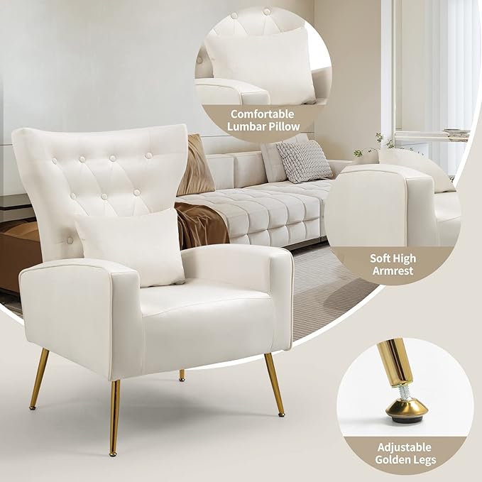 Button-Tufted Living Room Chairs Set of 2 WingBack Velvet Accent Chair Armchair with Lumbar Pillow Bedroom Chairs Vanity Chair Arm Chair with Golden Legs Cream