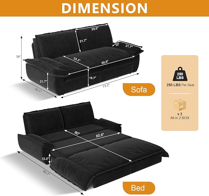 73.2 Queen Size Sofa Bed 3 in 1 Convertible Pull Out Sleeper Sofa with Thicked Cushions and Side Storage Velvet Loveseat Couch for Home Living Room Bedroom Apartment Lounge Small Spaces Black
