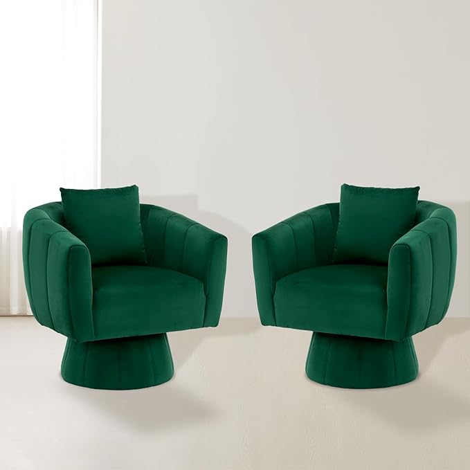 Swivel Accent Chair Set of 2 Modern 360°Swivel Barrel ChairComfy Velvet Fabric Living Room Chair with Fluffy CushionsUpholstered Armchair for Living RoomBedroomLounge (Green)