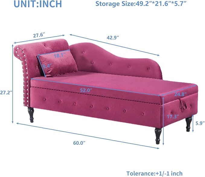 60 Modern Velvet Chaise Lounge IndoorUpholstered Lounge Chair with Left Armrest and Lumbar Pillow Button Tufted Lounge Sofa for Living Room Bedroom OfficeMini Chaise Longue Sofa (Burgundy)