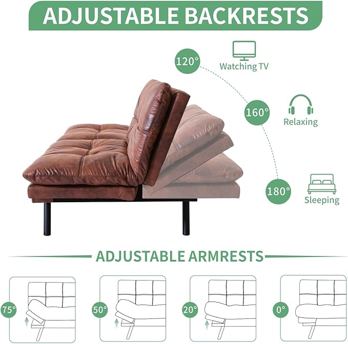 MUUEGM 71 Futon Sofa Bed Convertible Couch Filled with Memory Foam Modern Loveseat with Adjustable Backrest&ampArmrest Sofas for Living RoomGame RoomDormitoryOffice.Brown Leather