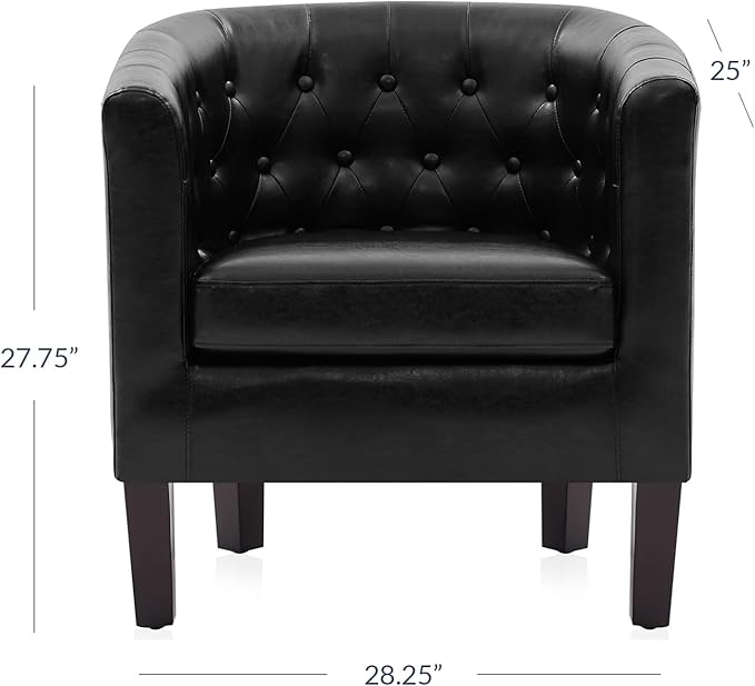 BELLEZE Black Accent Chairs for Living Room Set of 2 Elegant Arm Chairs Upholstered Tufted Barrel Chairs Club Chairs for Bedroom with Sturdy Legs and Faux Leather - Berlinda (Black)