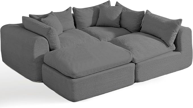 Modular Cloud Couch Sectional Boneless Sofa with Ottoman Deep Seat Fluffy Sectional Couch for Living Room &amp Bedroom No Assembly Required Grey