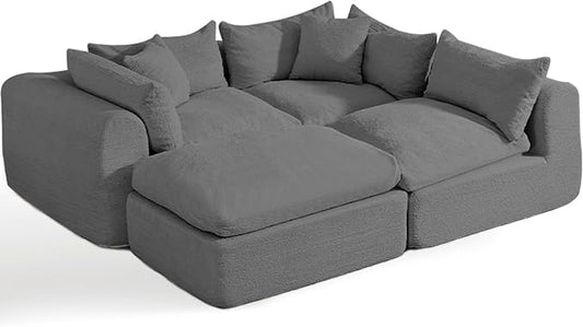 Modular Cloud Couch Sectional Boneless Sofa with Ottoman Deep Seat Fluffy Sectional Couch for Living Room &amp Bedroom No Assembly Required Grey