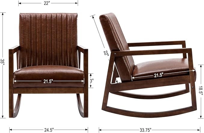 CIMOTA Leather Modern Rocking Chair Mid Century Armchair Upholstered Arm Chair with Padded Seat/Wood Frame Comfy Rocker for Living Room/Bedroom Retro Dark Brown PU