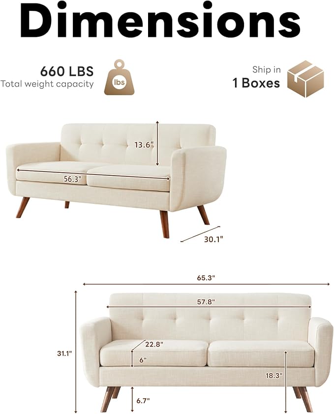 Tbfit Loveseat Sofa 65 W Mid Century Modern Love Seat Couches for Living Room Button Tufted Upholstered Small Sofa Couch for Bedroom Beige