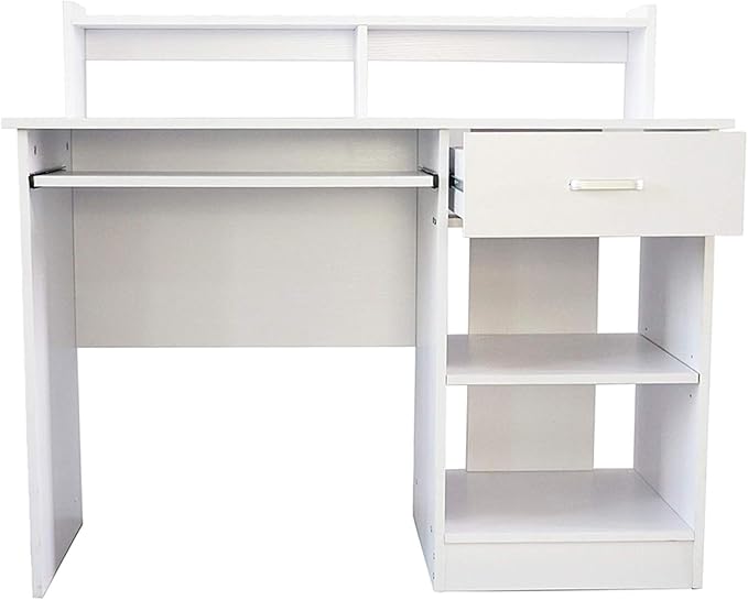 Computer Home Office Desk43 Inch Desk Study Writing Table with Storage Shelves Drawer and Keyboard StandGeneral Style Modern E1 15MM Chipboard Computer Desk (White)