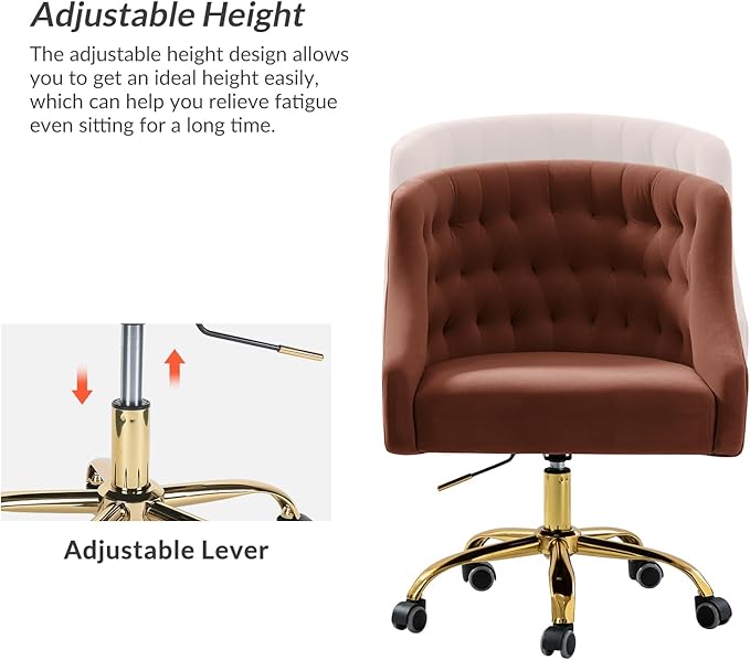 TINA'S HOME Velvet Home Office Chair with Gold Base Comfortable Modern Cute Desk Chair Adjustable Swivel Task Chair for Living Room Bedroom Vanity Study Burn-Brick