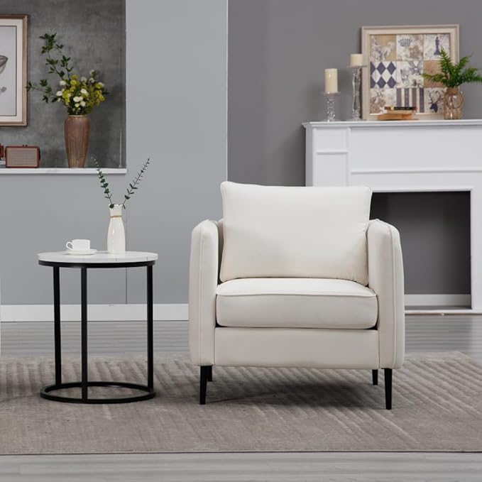 Velvet Accent Chair Mid-Century Modern Armchair with Metal Legs Single Sofa Chair for Living Room Bedroom Office Reading Includes Pillow (Ivory + Steel + Velvet + Wood + 1 Seat + Foam)