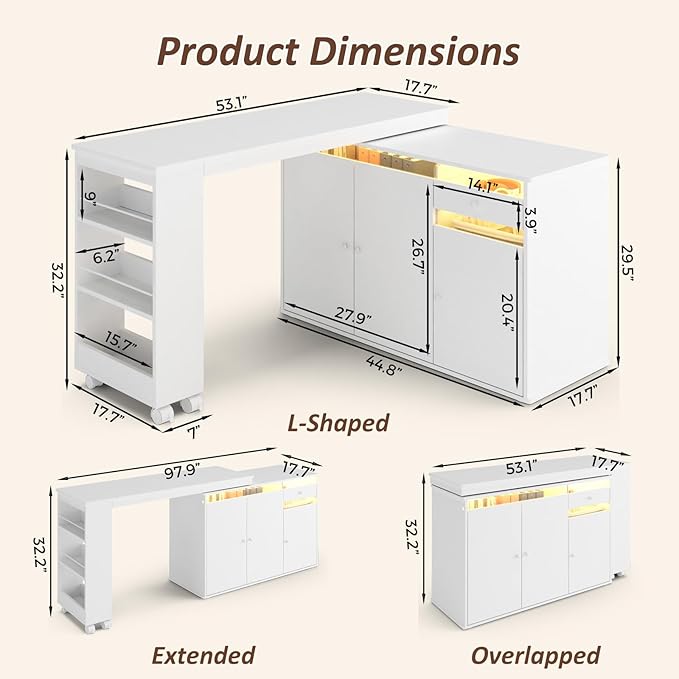 53 L-Shaped Computer Desk Rotating Home Office Desk with Storage Cabinet &amp Drawer Modern Study Writing Table with LED Light Reversible Corner Desk Small Space &amp Bedroom Workstation White
