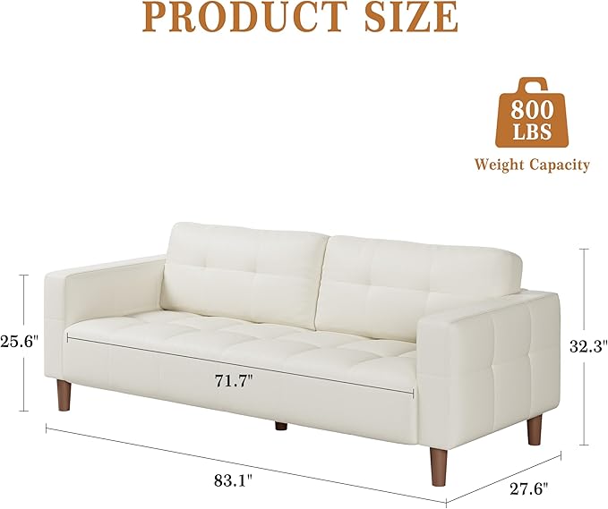 IDEALHOUSE 3-Seater Sofa Couch 83 in Wide Faux Leather Sofa Couch with Spring Cushion Modern Sofa with Deep Seats and 2 Removable Back Cushions for Living Room Bedroom Apartment Office Beige