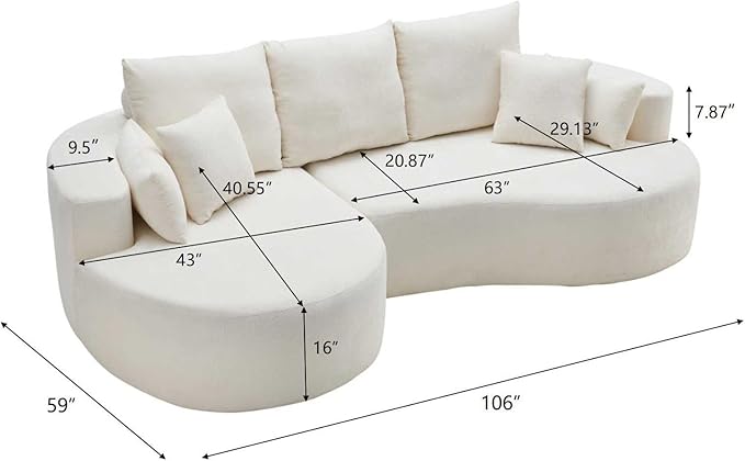 Merax 106 Fabric Cloud Curved Sofa 2 Piece Sectional Sofa with Chaise and 7 Pillows for Living Room Apartment Bedroom Full-Compressed No Assembly Required (Snow White)
