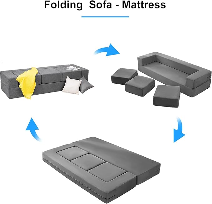 PUREMIND Velvet Folding Sofa Bed Upholstered Floor Sofa Bed with 3 Ottomans Fold Out Couch Bed with High-Density Foam Convertible 2-in-1 Foldable Sleeper Sofa for Guest Bedroom Living Room
