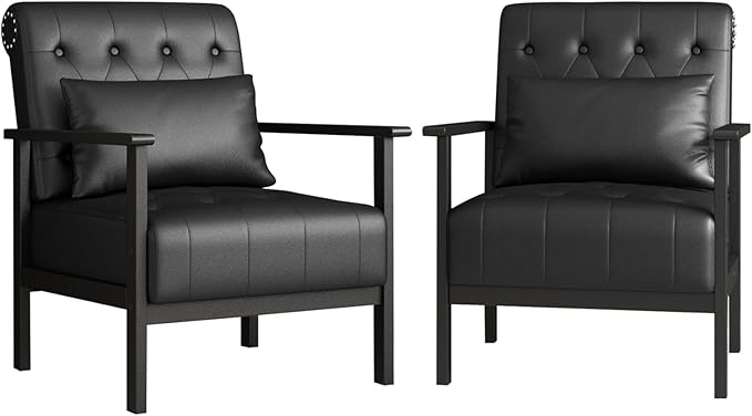AODAILIHB Black Accent Chair Set of 2 Mid Century Modern Living Room Chairs Armchairs Waiting Room Chairs Small Accent Chair Comfy Leather Side Chair for Living Room Office with Pillow (2 Black)