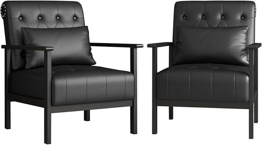 AODAILIHB Black Accent Chair Set of 2 Mid Century Modern Living Room Chairs Armchairs Waiting Room Chairs Small Accent Chair Comfy Leather Side Chair for Living Room Office with Pillow (2 Black)