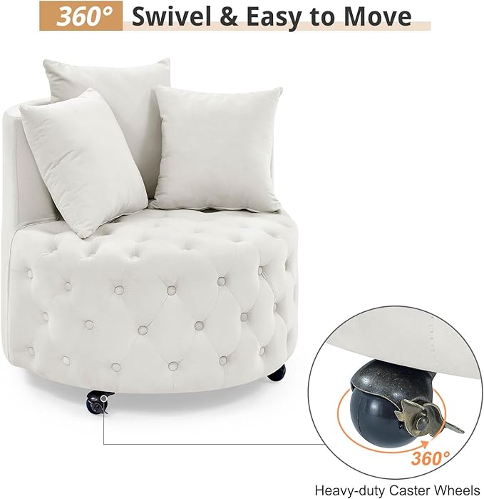 GNIXUU Swivel Barrel Accent Chair 30” Modern Velvet Round Sofa Chair with 3 Pillows and Wheels Comfy Tufted Club Lounge Chair for Living Room Bedroom(Beige).
