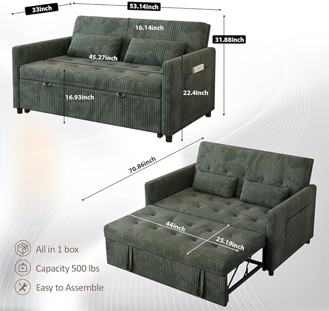 Sofa Bed Loveseat 3-in-1 Sleeper Sofa with Pull Out Bed Pockets and USB Modern 2 Seater Convertible Small Couch for Living Room Bedroom Apartment (Green Corduroy)