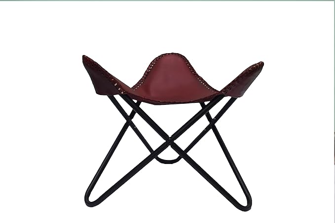 Brown Leather Accent Chair/Handmade Leather Butterfly Chair with Ottoman Boho Home Décor/Living Room Chair- Cover with Folding Frame (Black Iron Frame)