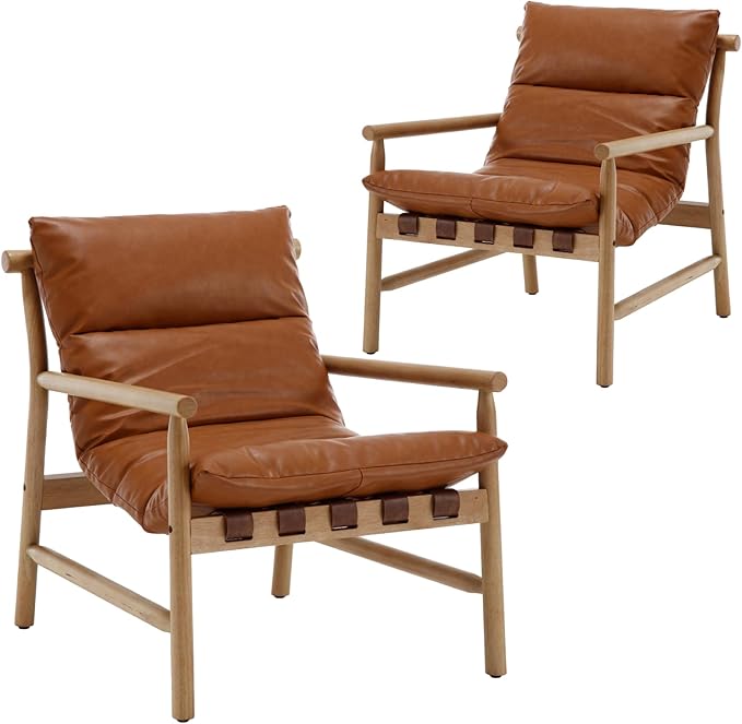 Mid Century Modern Sling Accent Chairs Set of 2 Faux Leather Living Room Chairs with Solid Wood Frame Comfy Upholstered Single Sofa Armchair for Lounge/Bedroom/Reading Brown