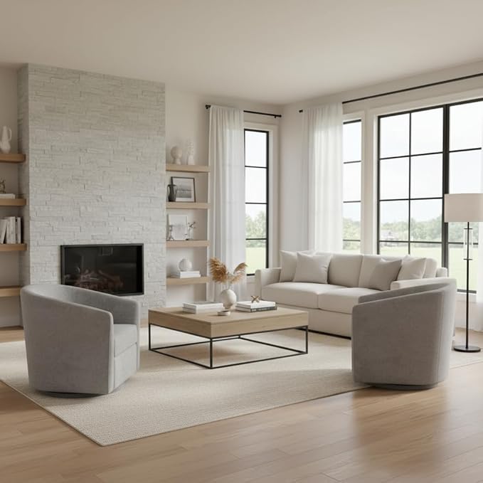 Chenille Swivel Accent Chairs Set of 2 No Assembly Upholstered Armchair 360°Rotating Barrel Chairs for Living Room Bedroom Apartment &amp Reading Nook (2 Light Grey)