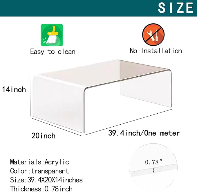 Acrylic Thick Coffee Table for Living Room. 39 Modern Minimalist Rectangular and Clear End Table.Easy to Clean and Safe Rounded Edges (39.4 W x 20 D x 14 H)
