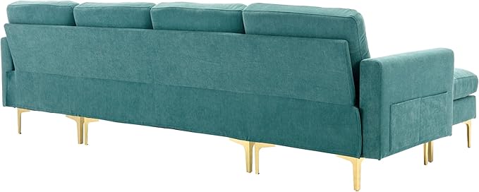 kevinplus 111 Velvet Sectional Sofa Couch for Living Room Modern Contemporary L-Shaped 4-Seat Tufted Sofa Couch with Chaise Lounge &amp Ottoman for Apartment Office Strong Metal Leg Green