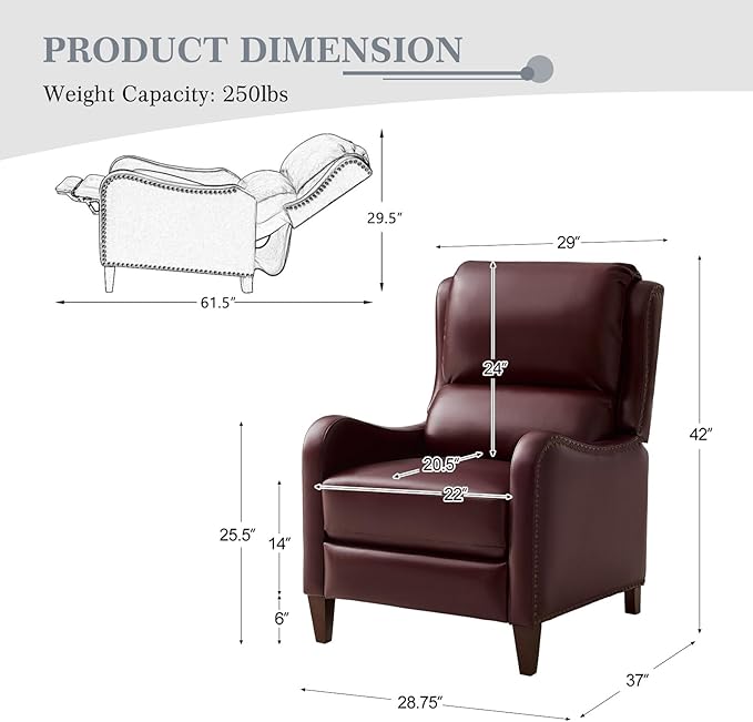 HULALA HOME Genuine Leather Recliner Chair Modern Push Back Recliner Armchair with Thick Seat Backrest &amp Footrest Nailhead Decor for Living Room Bedroom Burgundy