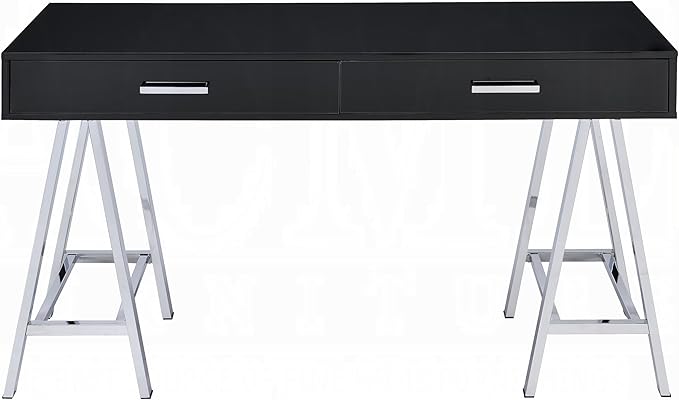 Modern Black &amp Chrome Writing Desk with Two Drawers - Home Office Desk Student Desk Contemporary Wood &amp Metal Desk