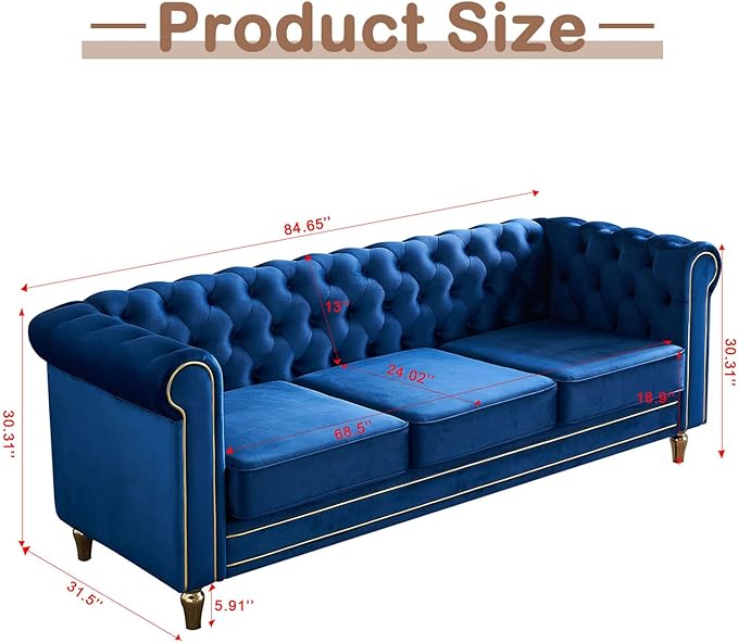 84 Velvet Sofa with Gold Legs Luxury Tufted Couch for Living Room Chesterfield Sofa with Thick Cushion Wide Armrest High-Density Foam Gold Strip Trim (Blue)