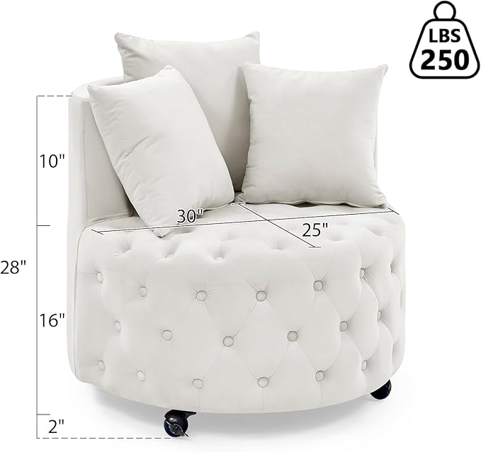 LLS Swivel Barrel Chair Velvet Accent Barrel Chair with 3 Pillows and 4 Wheels 360 Degree Sofa Chair Modern Button Tufted Upholstered Accent Chair for Living Room Bedroom Beige