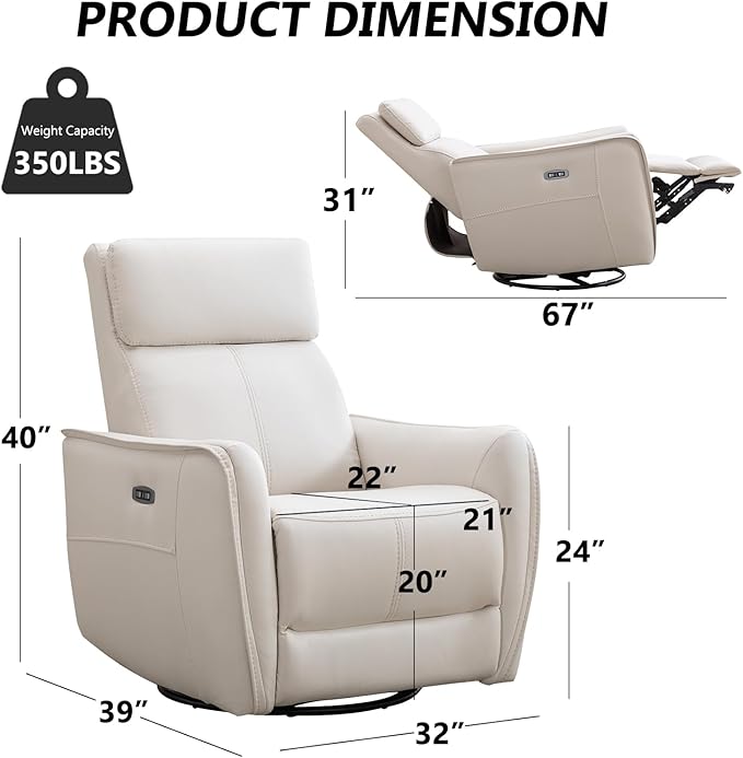 EBELLO Faux Leather Power Recliner Chair Electric Reclining Sofa with USB Charging Port Metal Swivel and Rocking Chair Seat for Small Living RoomBeige