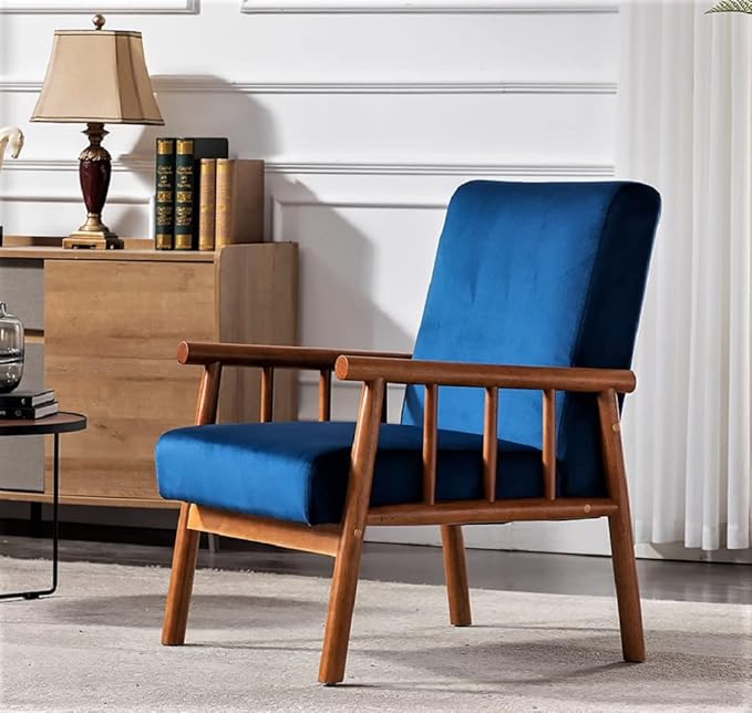 Container Furniture Classic Living Room Mid Century Modern Accent Chair with Unique Open-Framed Arm Design and Solid Wood Frame Velvet Armchair Dark Blue