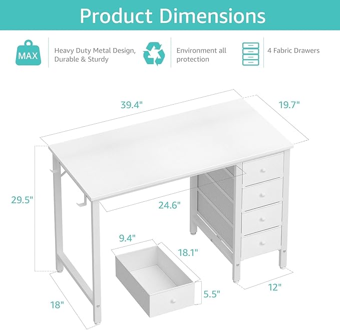 Lufeiya Small White Desk with Drawers for Bedroom 40 Inch Kids Girls Study Desks Reversible Computer Writing Nail Table with Fabric Drawer for Small Spaces Home Office Manicure