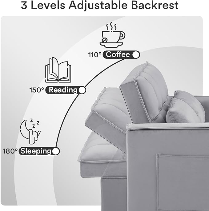 Rovibek 3 in 1 Convertible Sofa Bed Sleeper Pull Out Couch with Table Futon Loveseat Sofa Bed for Living Room with Adjustable Backrest 2 Pillows (Grey