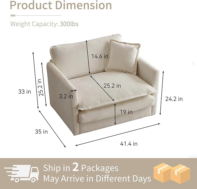 Oversized Accent Chair 41.4 Inch Big Comfy Deep Seat Arm Chair Chenille Single Sofa Chair with Pillow Upholstered Cloud Chair for Living Room Bedroom Family Room Apartment Camel