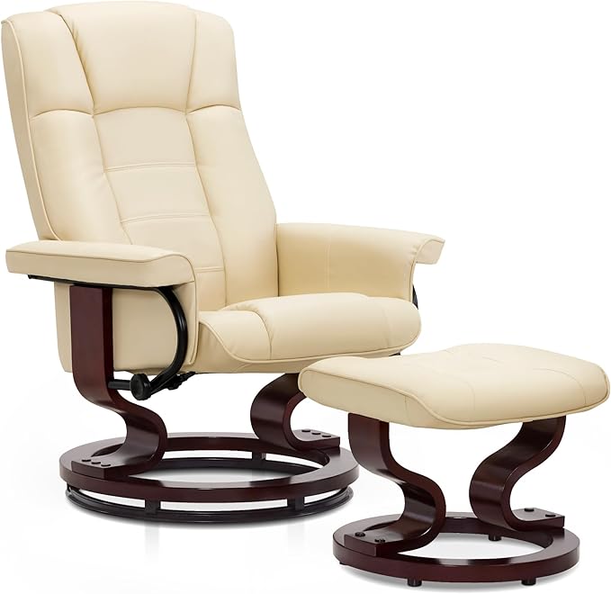 MCombo Manual Swivel Recliner with Ottoman Chair Ottoman Set for RV Small Spaces Living Room Bedroom Office 9019 4919 (Faux Leather Cream White)