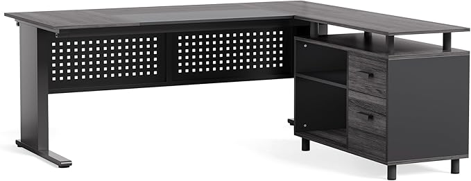 LITTLE TREE Large Computer Desk with File Cabinet 63 Inch Executive Desk L Shaped Office Desk with Drawers and Storage Shelves Business Furniture Desk Workstation for Home Office