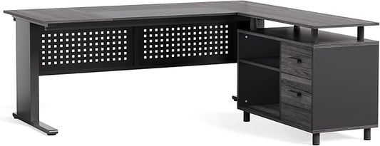 LITTLE TREE Large Computer Desk with File Cabinet 63 Inch Executive Desk L Shaped Office Desk with Drawers and Storage Shelves Business Furniture Desk Workstation for Home Office