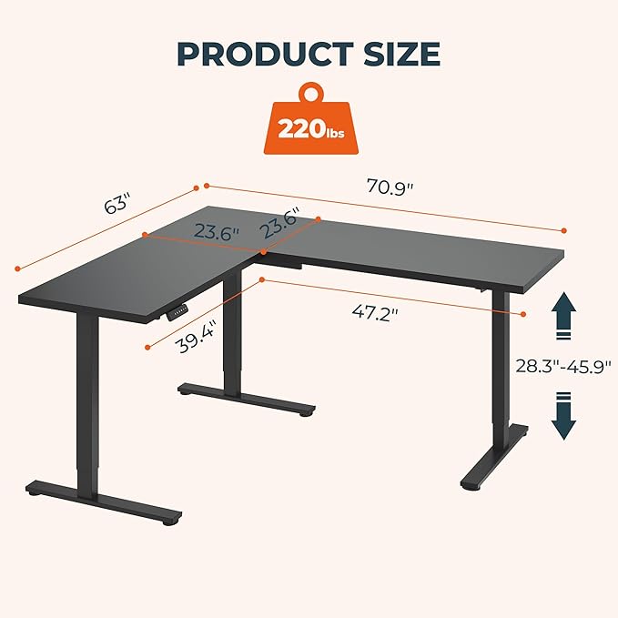 L-Shaped Standing Desk 71 x 63 Inches Height Adjustable Desk with Storage Sit and Stand up for Work Office Home Ergonomic Rising Computer Table for Home Office with Splice Board Black